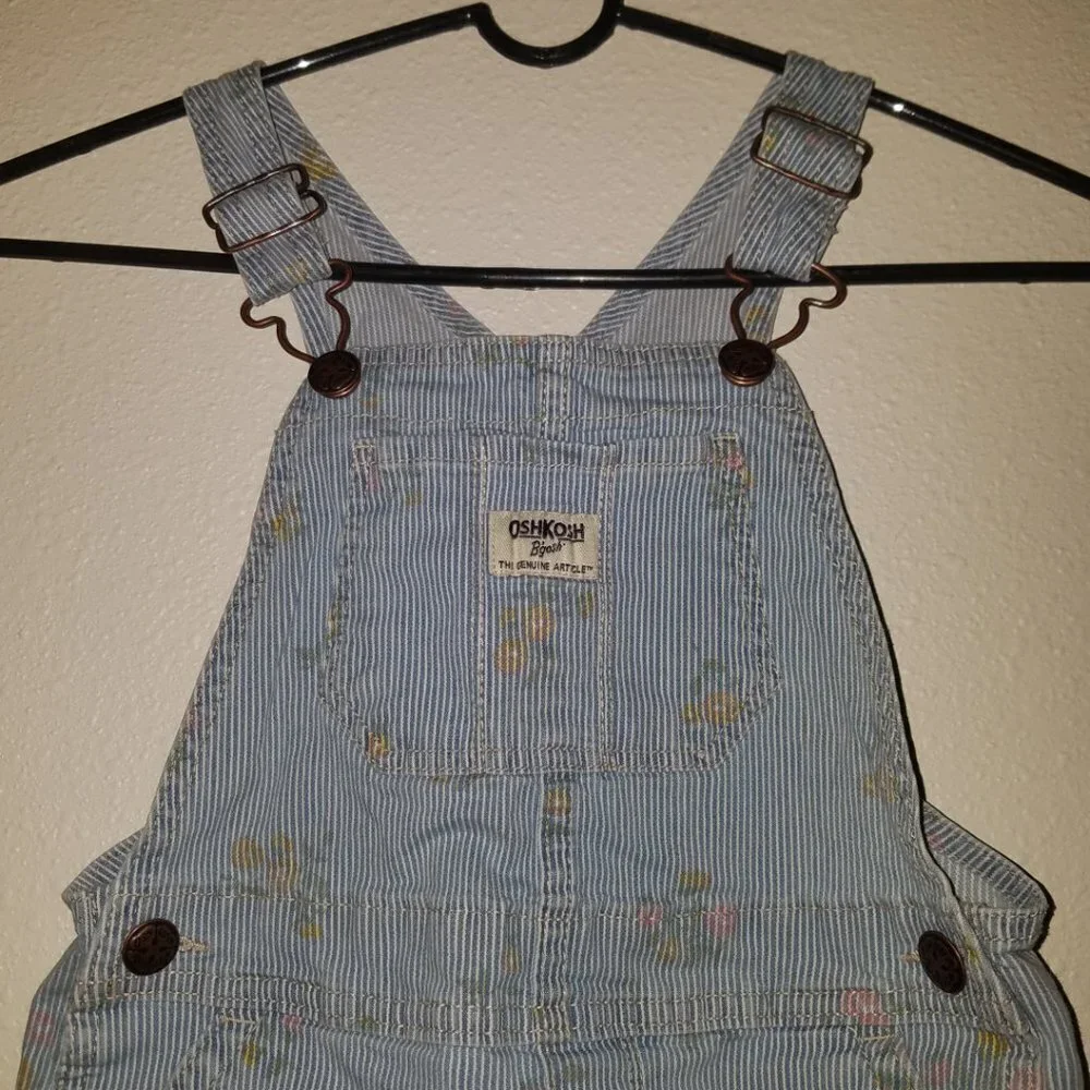 VTG OshKosh Floral Shortalls 5T Toddler Girl Shorts Overalls Blue Stripes FADING